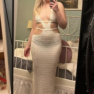 Sexy Cream Knit Floor Length Backless Summer Beach Cut Out Dress